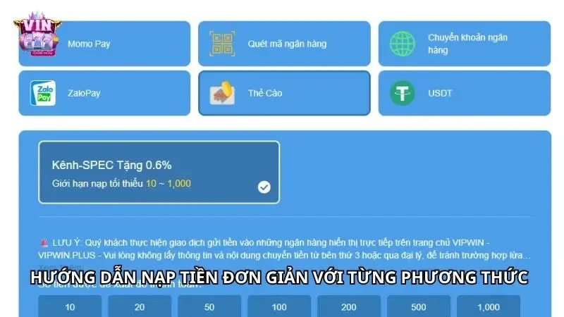Quy trình thao tác nạp tiền VIN777 chi tiết